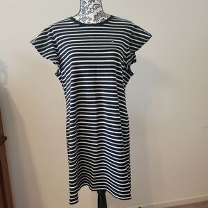Tommy Hilfiger Black, White and Gray Striped T-Shirt Dress L
